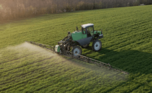 A farmer uses a tractor to spray a field with paraquat 