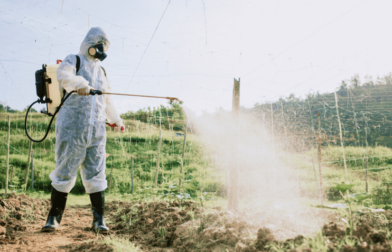 person in protective gear sprays weed killer